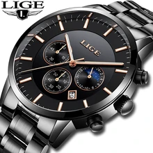 2019 LIGE Mens Watches Top Brand Luxury Male Fashion Sports Watch Men Black All Steel Waterproof Quartz Clock 24Hour Moon Phase