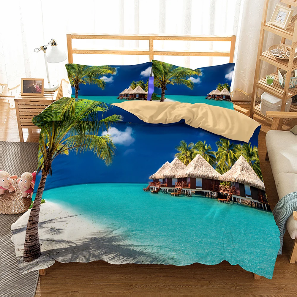 

3 Pieces Tropical Beach with Palm Tree Seaside Pavilion Blue Bedding Duvet Cover Set with 2 Pillowcase for Adults Microfiber