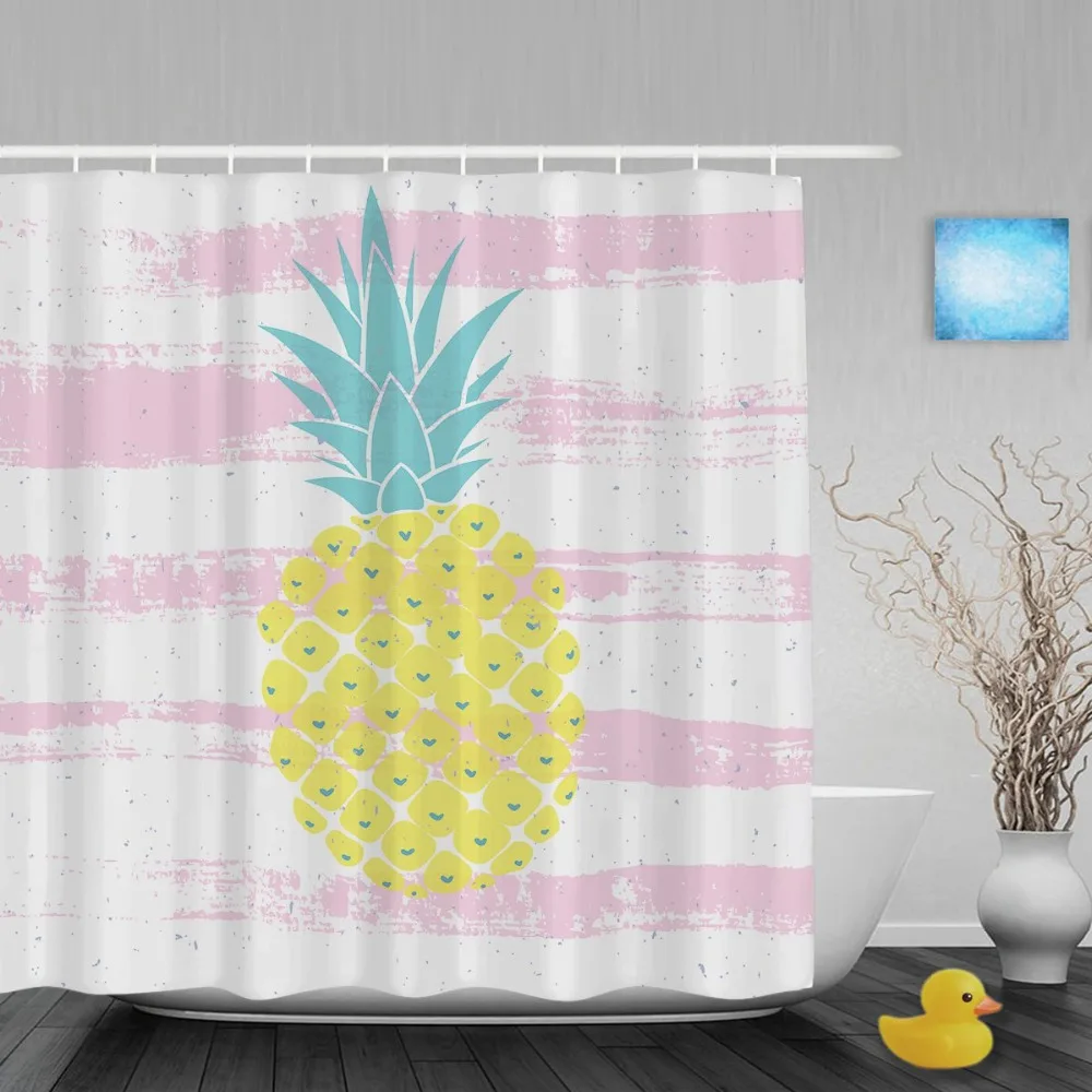 Pineapple Love Heart Decor Shower Curtain Bright Yellow Striped