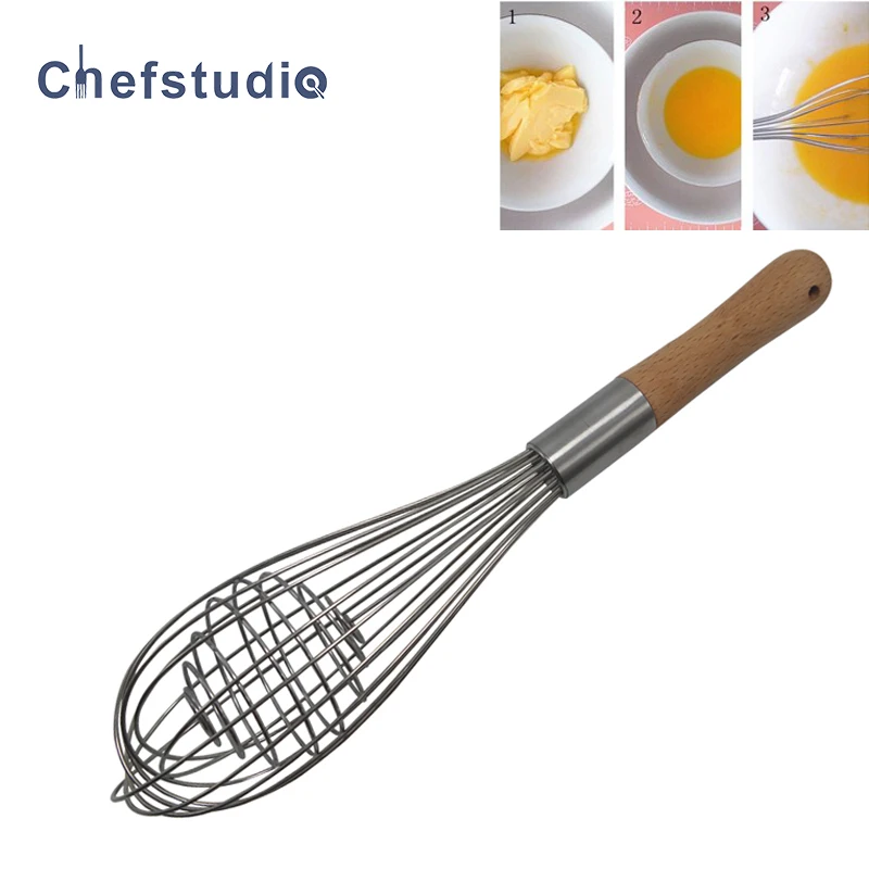 

Manual Mixer Egg Beater Manual Self Turning Stainless Steel Wooden handle Whisk Hand Blender Egg Cream Stirring Kitchen Tools
