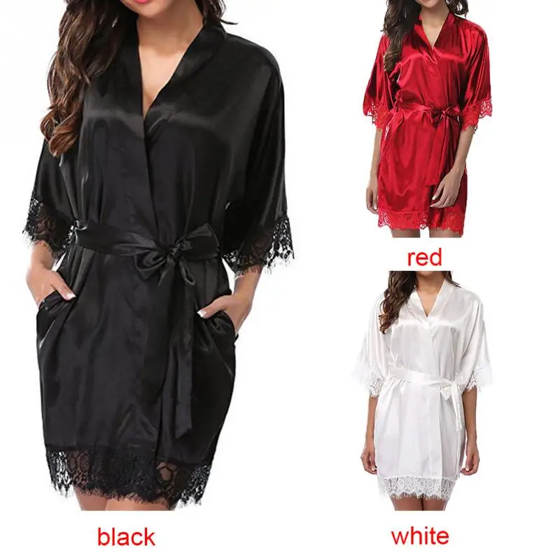 Горячая Распродажа, Женская кружевная Сексуальная кружевная одноцветная Пижама с поясом на талии, с коротким рукавом, Элегантная ночная рубашка, женская одежда