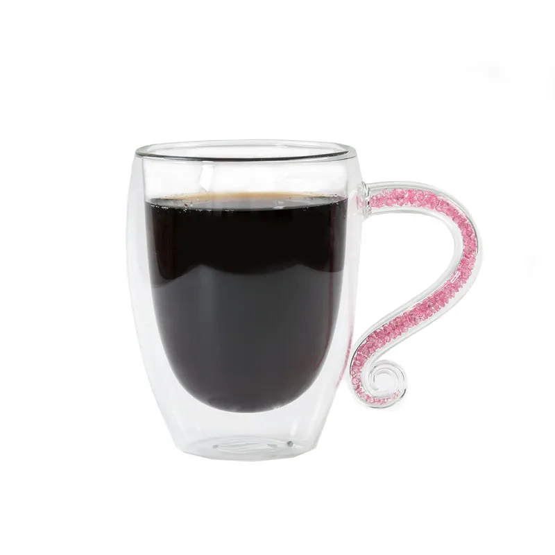 Хрустальные стеклянные кружки для кофе с двойными стенками, изоляционные чашки для чая и молока, акриловые стразы, заполненные рукояткой, персонализированные Индивидуальные - Цвет: PK