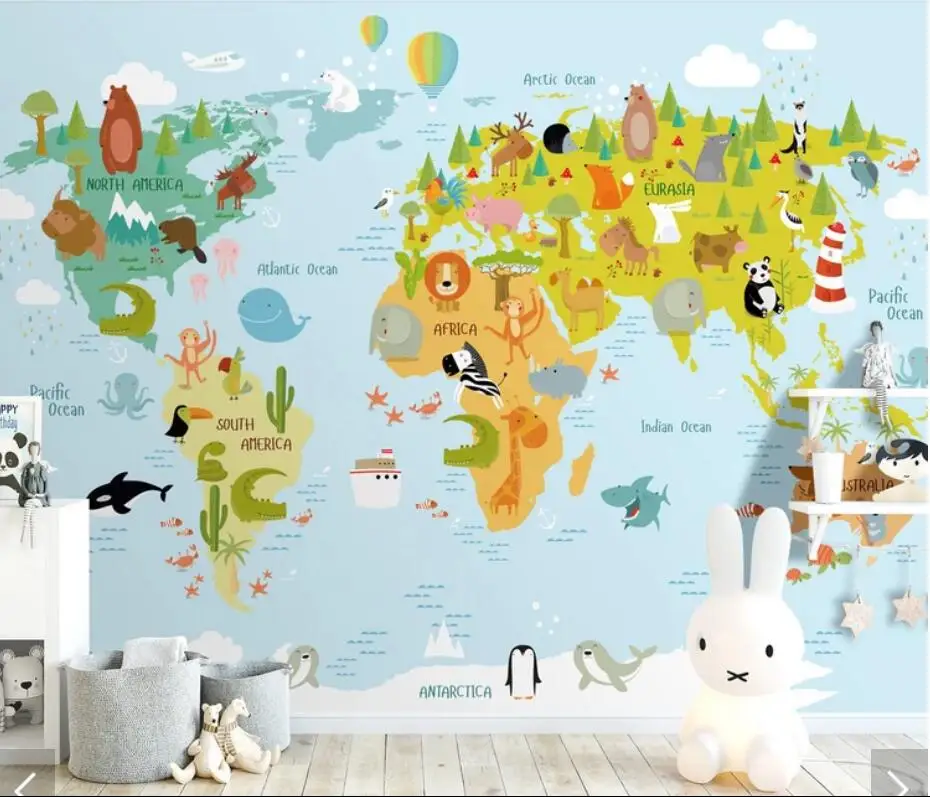 

3D Carton Animal World Map Wallpaper Wall Mural Decals Wall Paper Rolls for Living Room Kids Bedroom Wallpapers Mural European