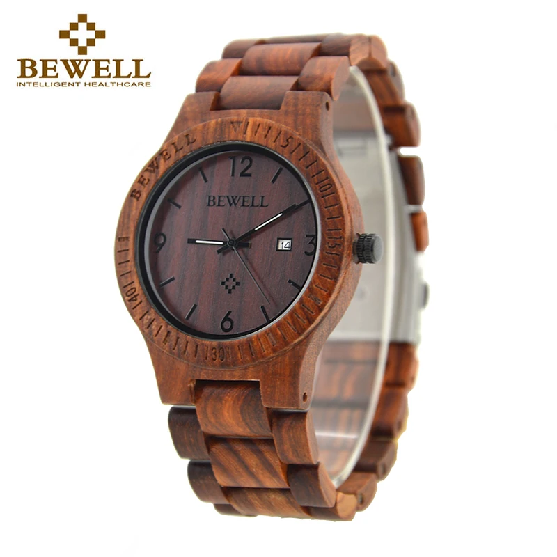 

BEWELL 086B Simple Round Case light quality Date Function Mens Wooden Watch Analog Quartz Lightweight Handmade Wood Wrist Watch