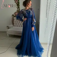 Robe de soiree Дубай Королевская Синяя Длинные рукава Вечерние платья Длинные Abiye Золотые Аппликации мягкий тюль вечернее платье