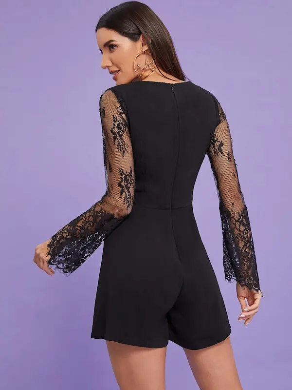Новый Модный черный женский комбинезон с v-образным вырезом, короткие штаны, кружевной комбинезон с длинными рукавами объединённый