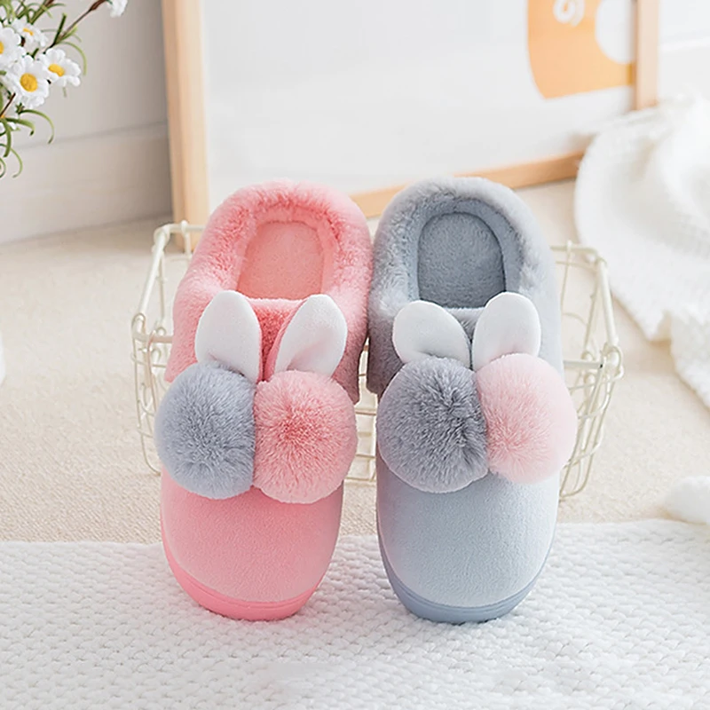 Cute Rabbit Indoor Slipper Women Shoes Winter Warm Plush Home Slippers With Fur Flat Platform Room Slipper Female Shoes AVT33