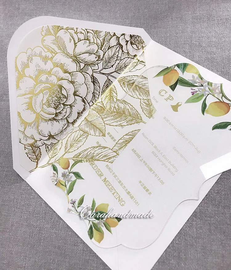  Acrylic wedding invitation customized flower decoration CA0750 with gold foil flower inner envelope - 32776898885
