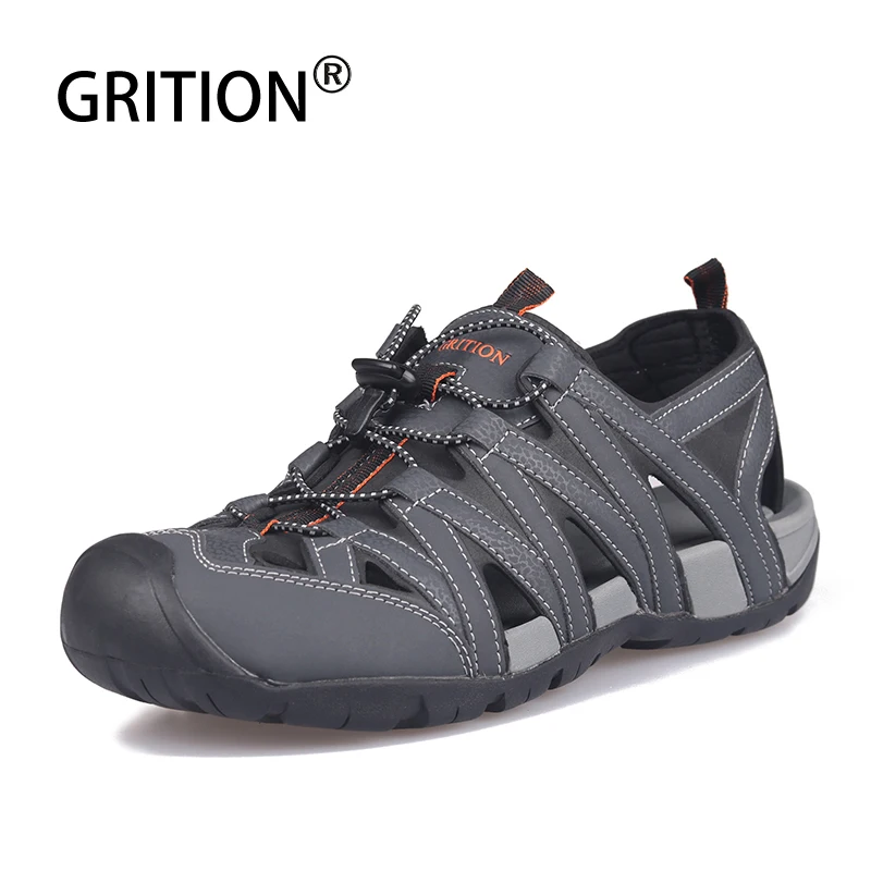 GRITION Men Sandals Summer Pu leather Clogs Male Flat Sport Outdoor Beach Shoes Comfort Breathable Soft Lazy Walking Shoes 2020
