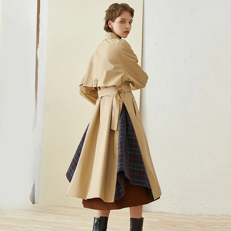Khaki À Manches Nouveau Coupe Revers Ji314 Printemps Marée Longues vent 2019 Plaid Femmes Commune Kaki eam Veste Côté De Fendue Longue Mode wqI1x5XAn