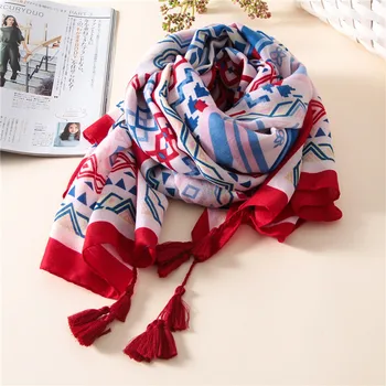 

Luxury hot sale geometric long tassels scarf/scarves shawls foulard silk bandana pashmina echarpe women Muslim hijab wraps scarf