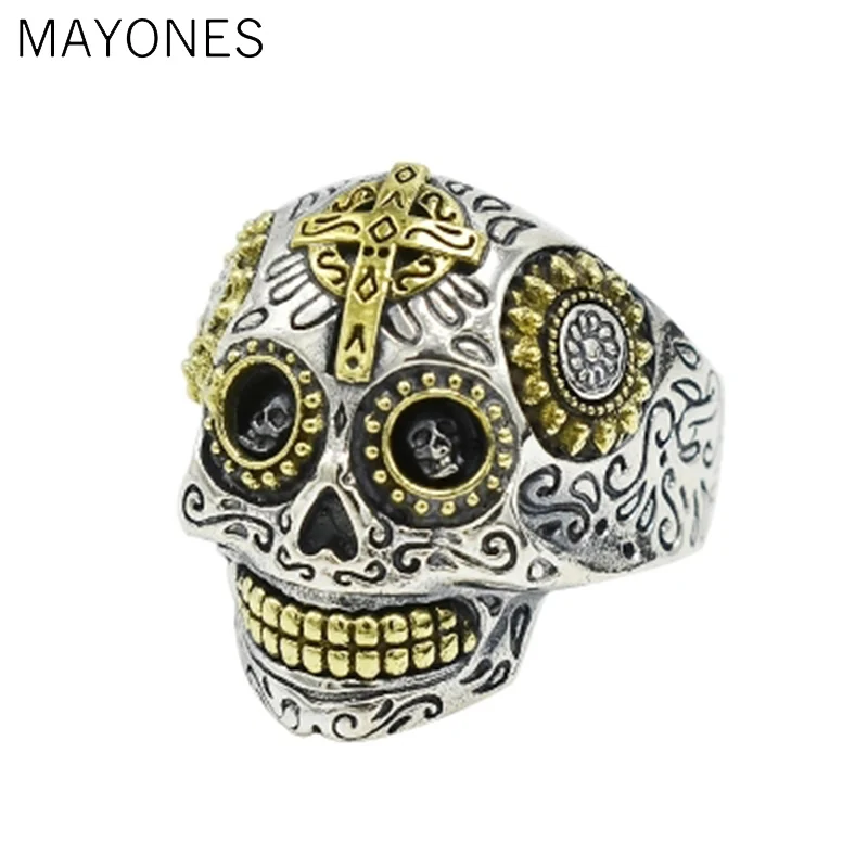

Luxury Real 925 Sterling Silver Skull Ring Men Vintage Punk Rock Cross Gold Big Heavy Mens Gothic Rings Bague Homme Biker