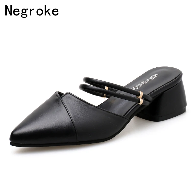 

2019 Spring Summer Women Slippers Chunky Low Heel Shoes Woman Slides Sandals Pointed Toe Leather Mules Female Plus Size Slipper