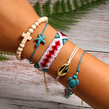 MOON GIRL 5 Pieces Puka Shell Bracelet Set Turtle Starfish Cross Beads Boho Weave Bracelet for Women Friendship Jewelry Dropship - Metal Color: 23