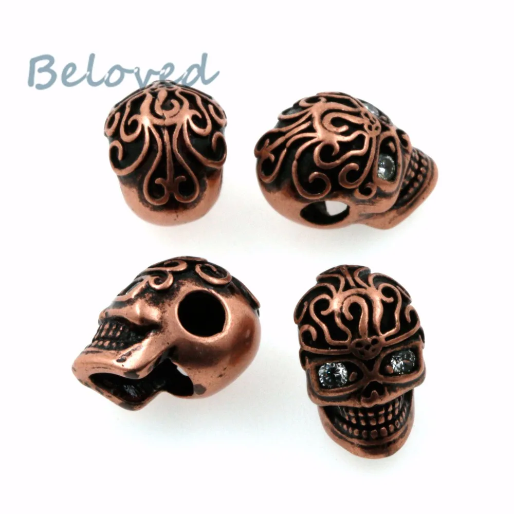 Vintage Micro Paved Zirconia Head Skull Metal Charms Beads, ClearCubic CZ Men's Paracord Bracelet Making Spacer Beads, BG18213