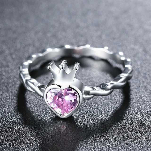 AZIZ BEKKAOUI Real 925 Sterling Silver Pink Heart Rings for Women Sweet Silver Crown Rings for Girl Engagement Jewelry Gift