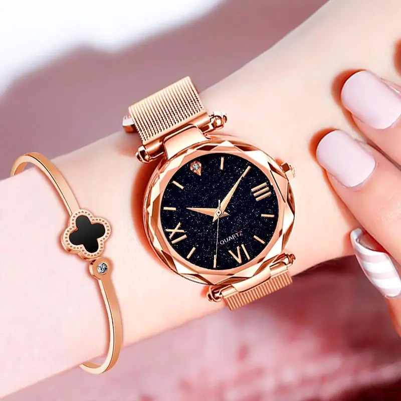 

2019 Watch With Bangle Set Magnetic Starry Sky Watches Luxury Women Rose Gold Watches Fashion Diamond Clock Reloj Mujer
