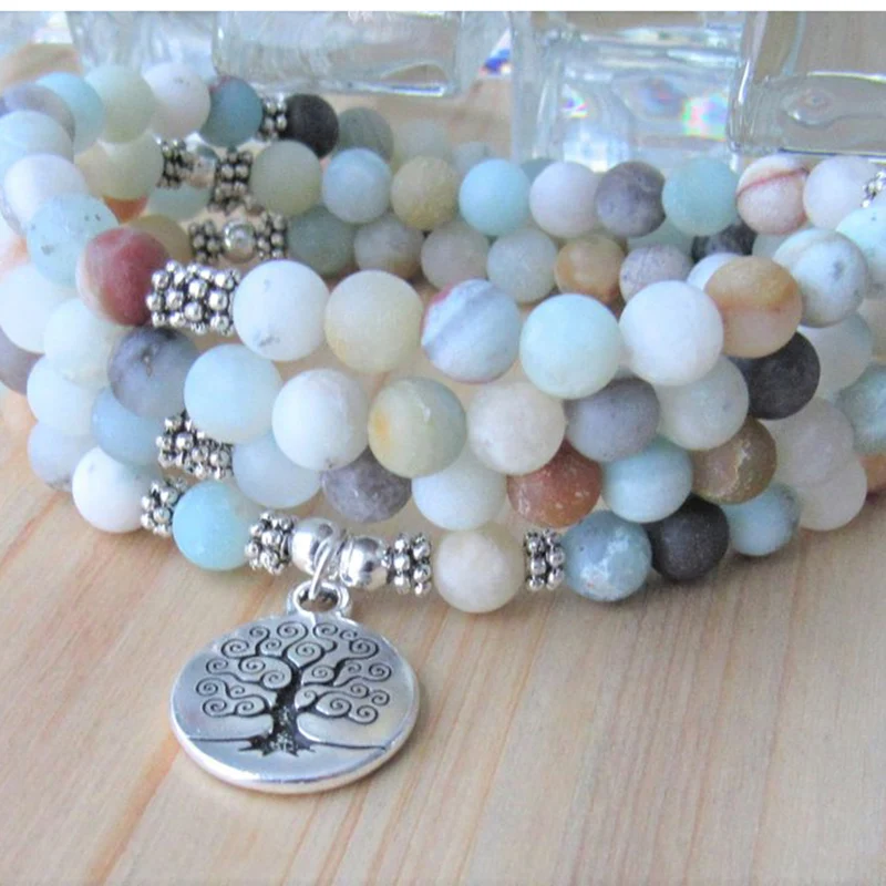 Матовый Амазонит браслет Pulsera Mujer 108 буддийские молитвенные бусы мала браслет или ожерелье Древо жизни обертывания запястья для женщин