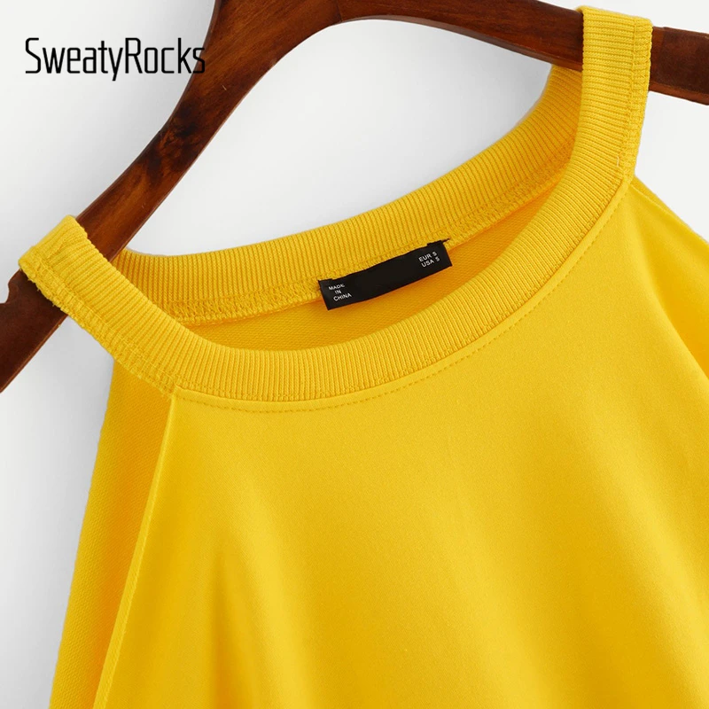 SweatyRocks الأصفر مفتوحة الكتف المتوترة حافة السترة طويلة الأكمام الباردة الكتف المحاصيل قمم 2018 الخريف عارضة المرأة بلوزات