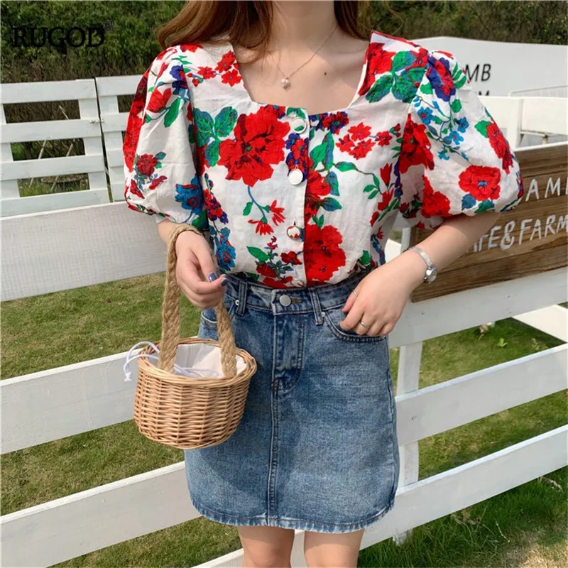 

RUGOD 2019 fashion vintage summer floral print short sleeve squar collar doll blouse single breasted blouse casual lady cotton