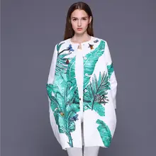 Для женщин осенняя новинка г.; взлетно-посадочной полосы зеленый лист банана Бисер с отделкой "Бабочка", модный принт, жаккард повседневное длинное пальто R037