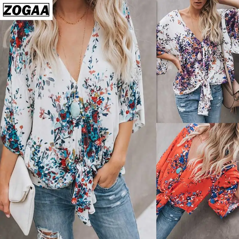 

ZOGAA Sexy V-collar Printing Plus Size Coat Tops Pagoda Sleeves Bandage Chiffon Coat Girls Summer Spring Fashion Blouses Women