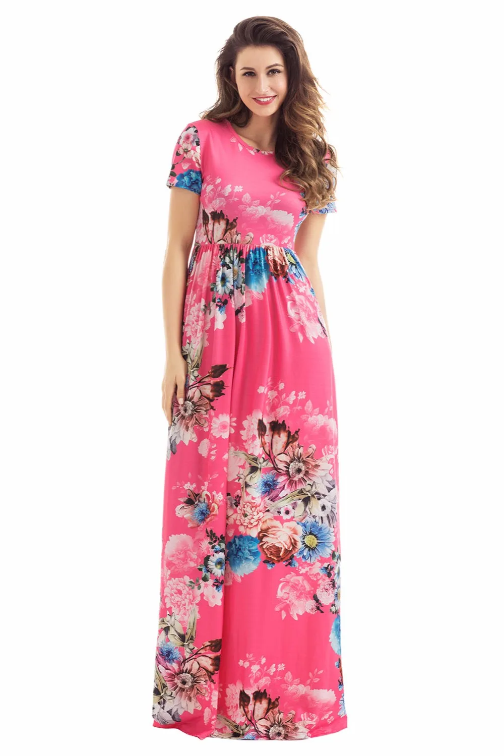 Plus Size Pocket Design Short Sleeve Watermelon Red Floral Maxi Dress