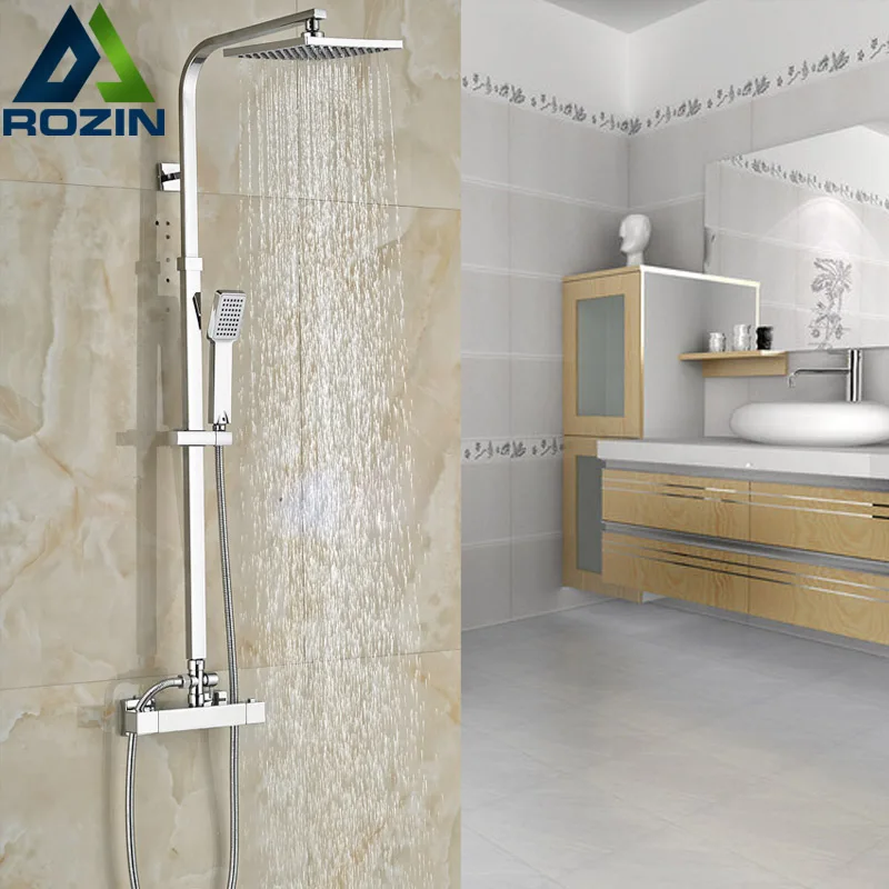 

Wall Mounted Bath Shower Mixer Faucet Temperature Contral Mixer Valve Shower Set Dual Handle 8" Rainfall Showerhead
