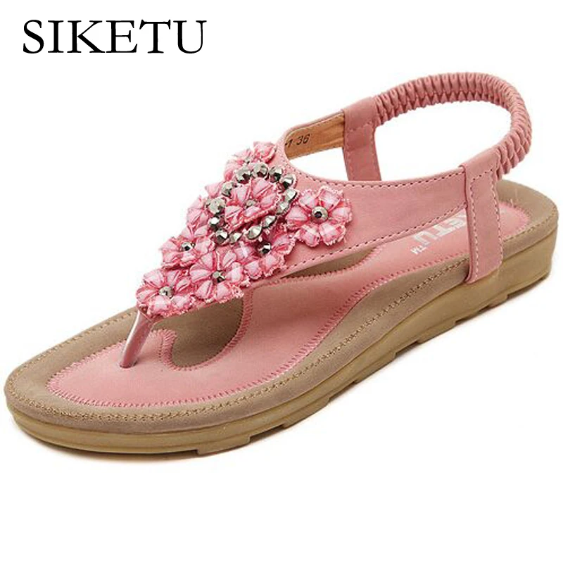 

SIKETU Gladiator Sandals Women 2017 summer new Bohemian ethnic wind sweet diamond flowers toe flat flat sandals