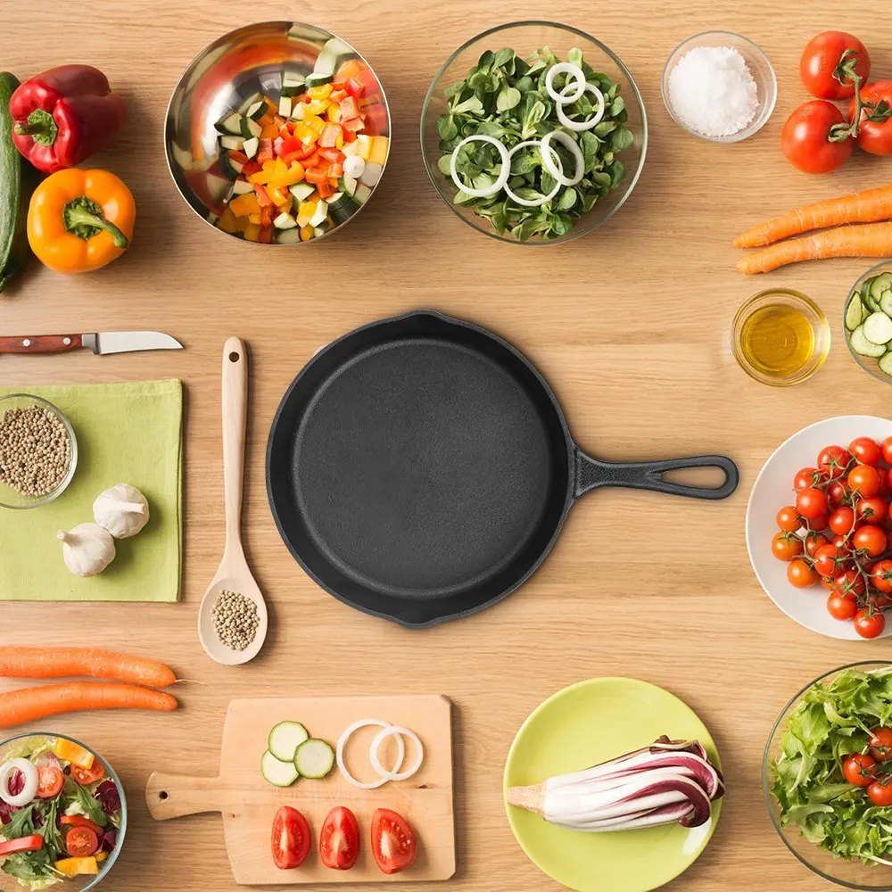 

2019 Pre-Seasoned 14cm Cast Iron Skillet Fry Pan with Silicone Handle Nonstick Griddle Grill Cookware Black (frypan-long handle)