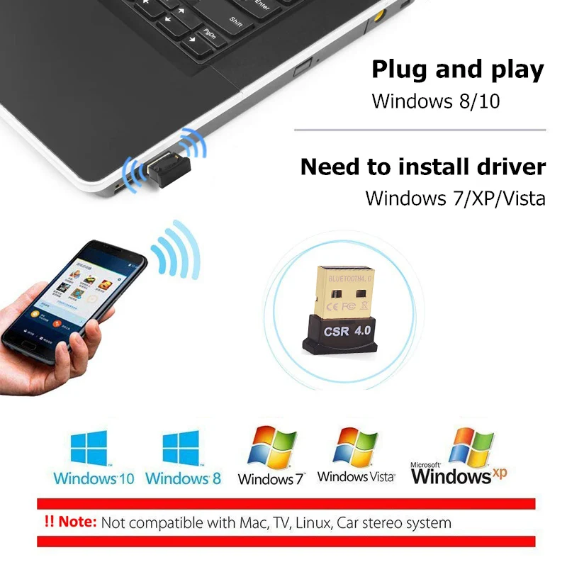 BinFul мини USB Bluetooth адаптер V4.0 CSR двойной режим Bluetooth Dongle 4,0 передатчик для Windows 10, 8, Win 7/Vista/XP 32/64Bit