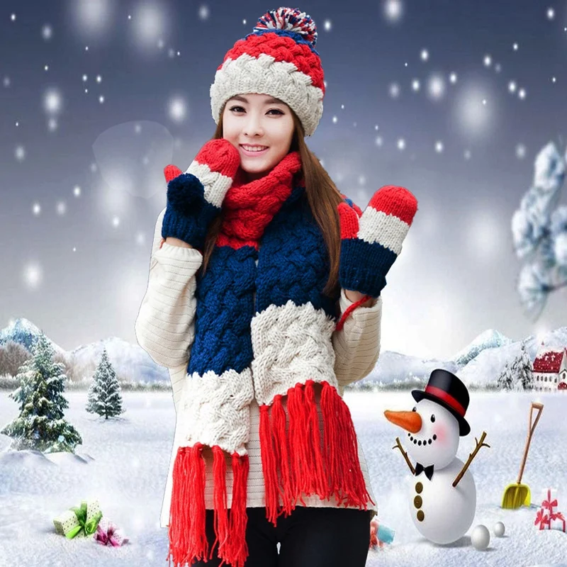 Шапка, шарф, перчатки, комплект из трех предметов, один предмет, шарф-глушитель, шарф для девочек, женская зимняя вязаная шапка, Рождественский подарок на день рождения, утолщение