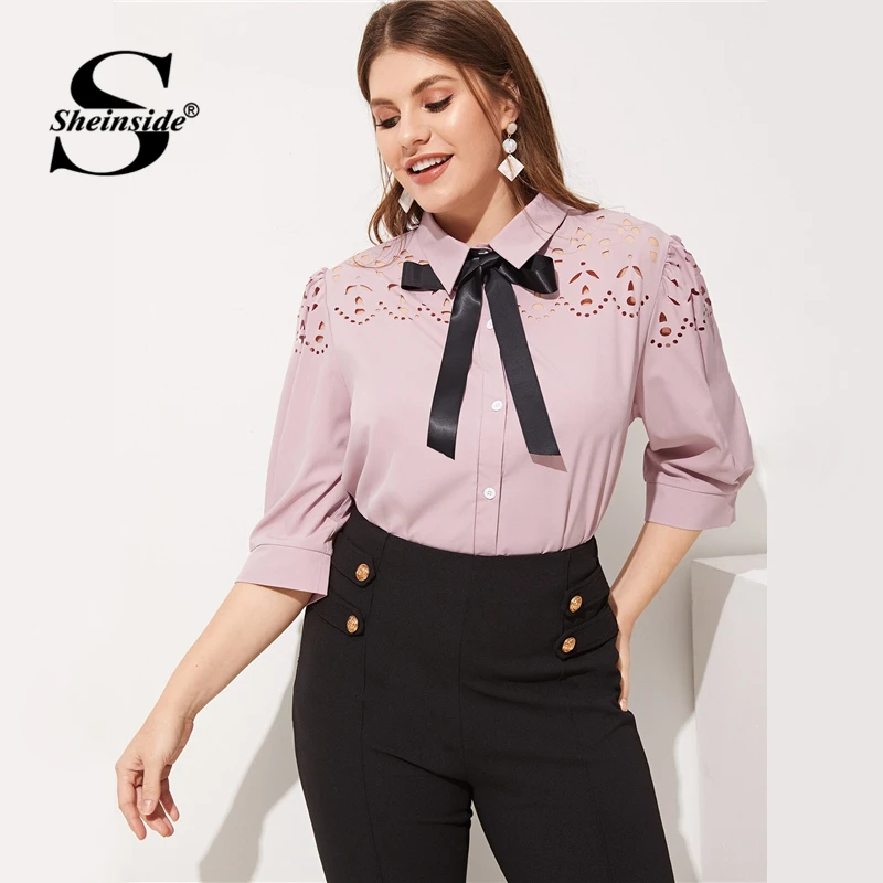 Online Sheinside Plus tamaño Rosa hueco fuera de la blusa de las mujeres de la primavera de 2019 de media manga blusas de Damas elegante sólido corbata de lazo cuello