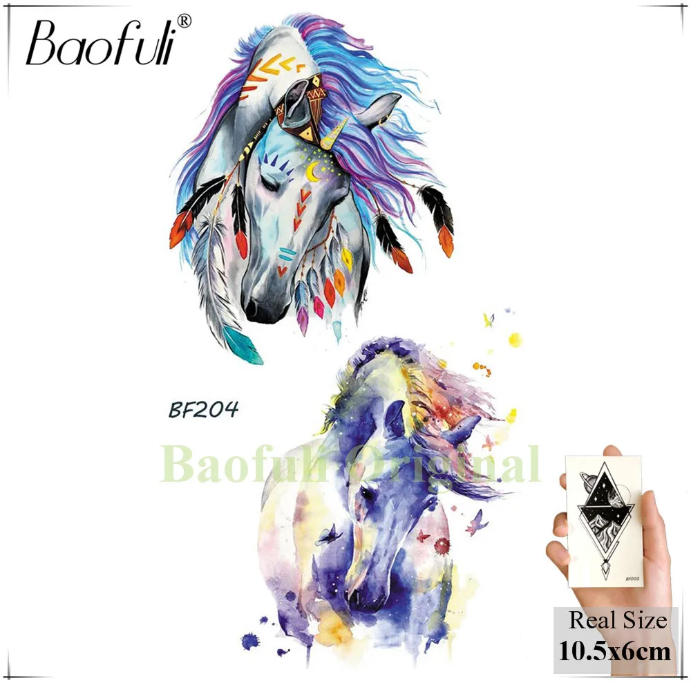 Baofuli, сексуальная, единорог, кошка, водостойкая, Бабочка, татуировки, мужские, акварельные, перо, временная татуировка, наклейка, поддельная лошадь, женские татуировки - Цвет: BBF204