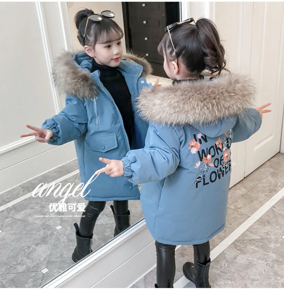 Детские зимние куртки для девочек; хлопковое длинное пальто; парка; Новинка года; плотная верхняя одежда на молнии с капюшоном для девочек; детская зимняя одежда - Цвет: Синий