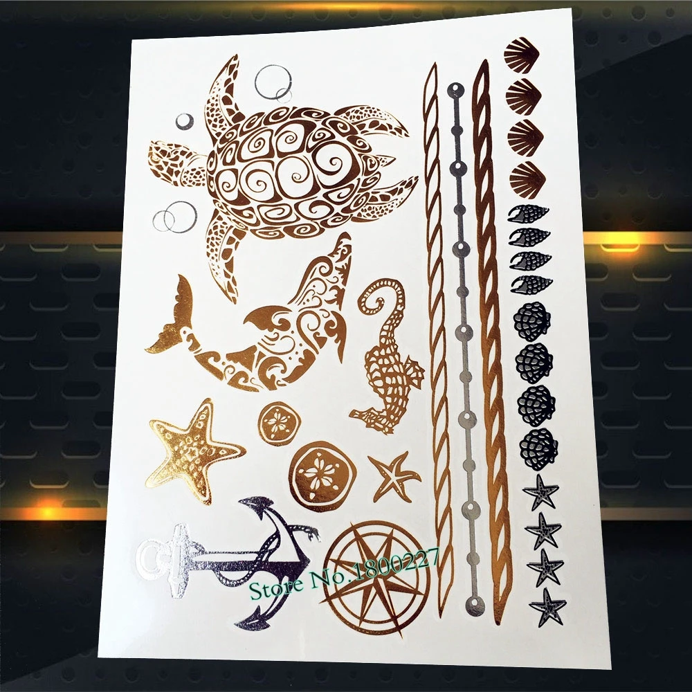 

1PC Best Quality Flash Metallic Waterproof Tattoo Sticker Silver Anchor PYS-63 Gold Dolphin Shell Design Fake Tattoo Turtle 3D