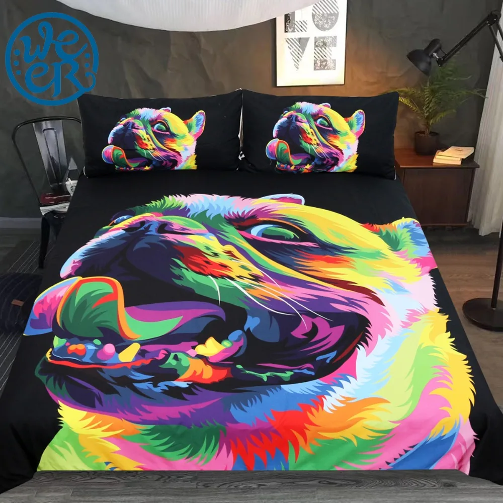 Goedkoop Trouwe Bulldog door Weer Beddengoed Set Kleurrijke Hond Dekbedovertrek Cartoon Dier Bed Set voor Kinderen Aquarel Beddengoed 3 stuk