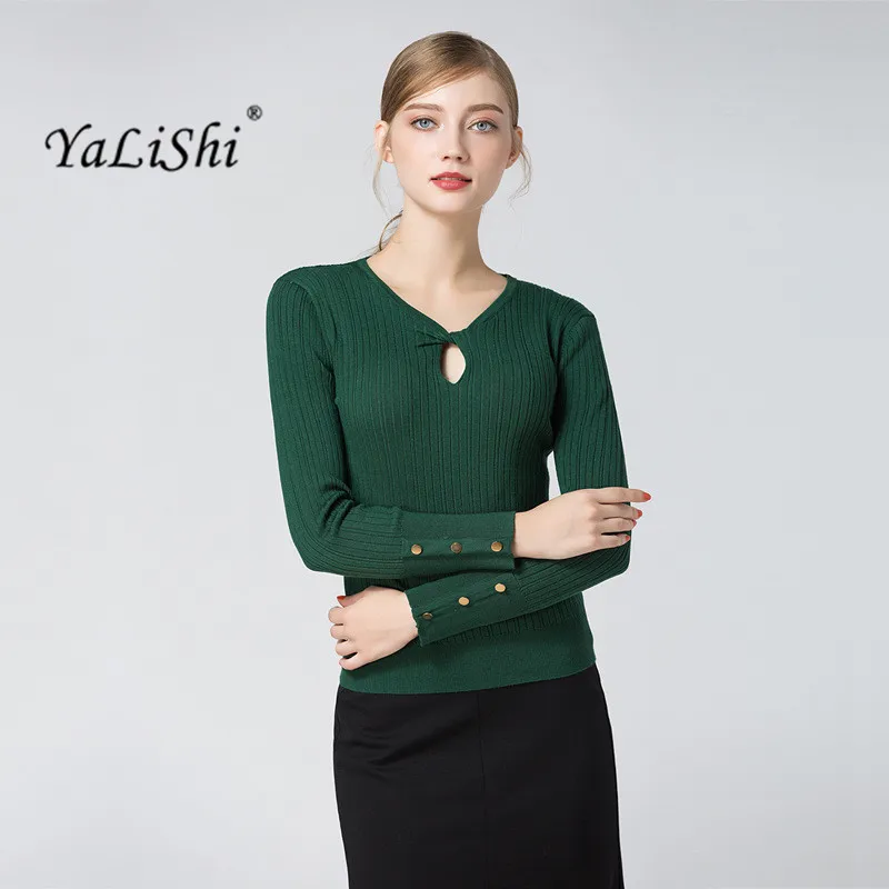 

2017 New Autumn Winter Warm Sweater Women green V-Neck Hollow Out Blouse Long Sleeve Knitted Christmas pullover Jumper Sweater