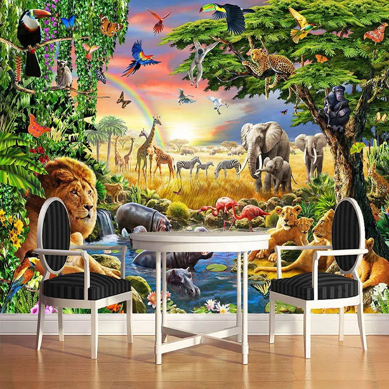 3D обои Радужное небо зеленый лес животное слон лев картина маслом фотообои гостиная детская комната Фреска Papel де Parede