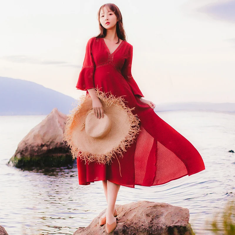 

Women Summer Retro Hollow Black Long sexy Beach Dress Tropical Elegant Vacation Fairy Sundress Female Red Vintage Ethnic Dress