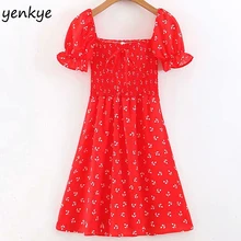 Женское красное летнее платье с цветочным принтом, милые женские вечерние мини-платья трапециевидной формы с квадратным вырезом и пышными рукавами SDP9160
