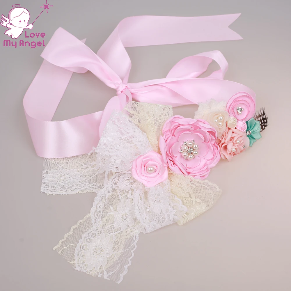 Pink floral girl sash Belly to birth baby sash wedding gown sash