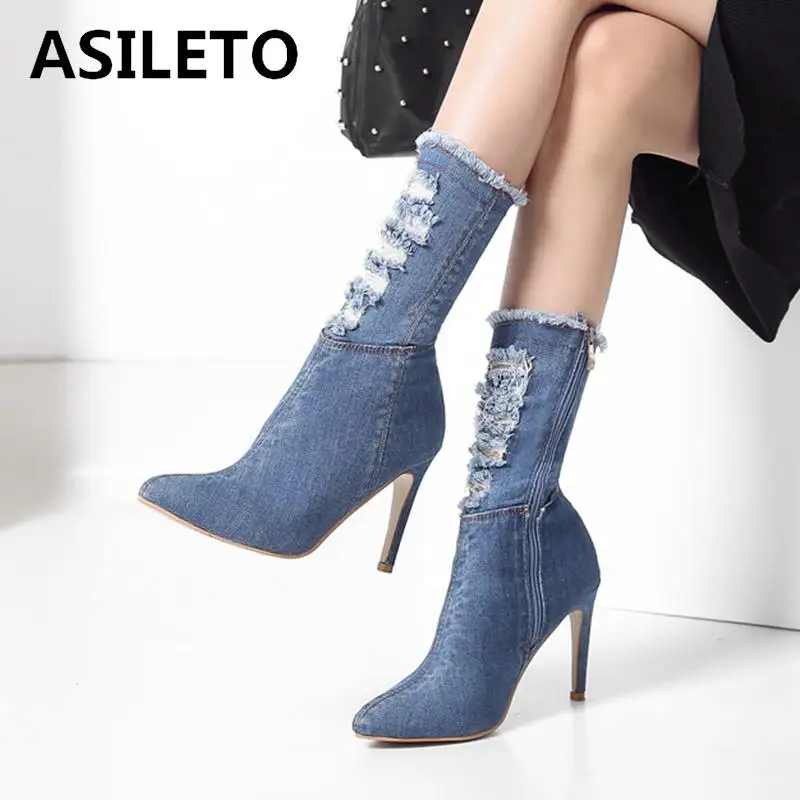 

ASILETO Blue jeans boots pointed ankle spring winter shoes woman broken holes denim thin high heels Stilettos zip bootie botas