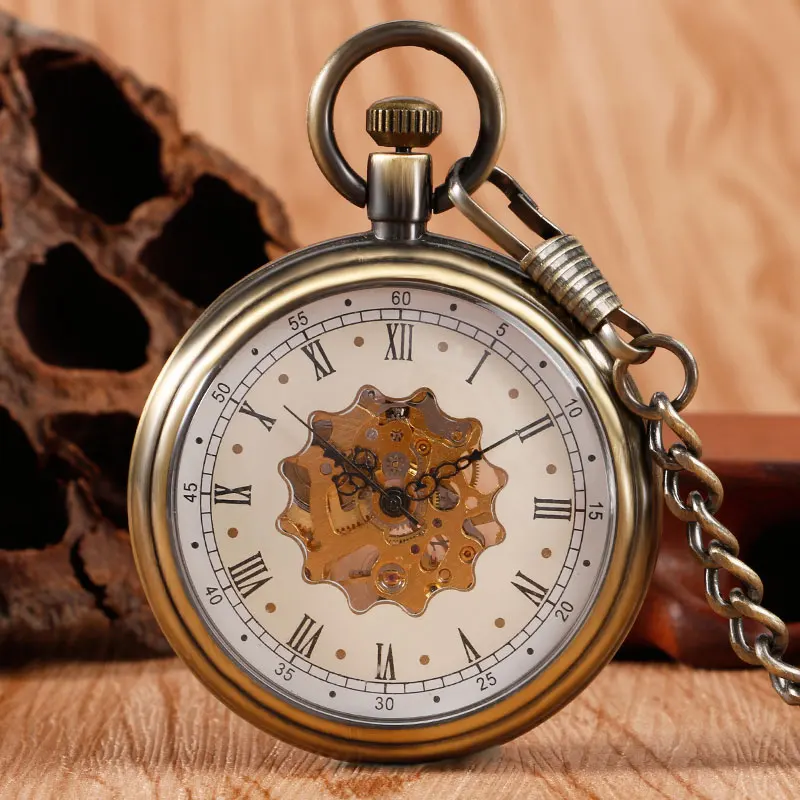 

Vintage Bronze Wind Up Pocket Watch Mechanical Hand Winding Roman Numberal Skeleton Fob Clock with Pocket Chain Watches