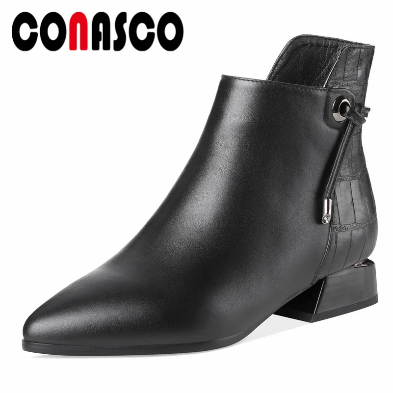 

CONASCO 2019 Women Genuine Leather Ankle Boots High Heels Elegant Office Pumps Ladies Short Basic Boots Motorcycle Boots Shoes