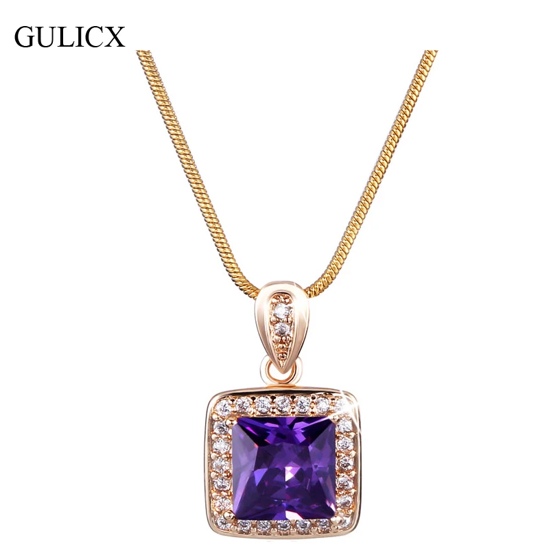 

GULICX Princess CZ Zirconia Jewelry for Women Gold-color Pendants Quartz Crystal Purple Pendant Necklace P003/P004