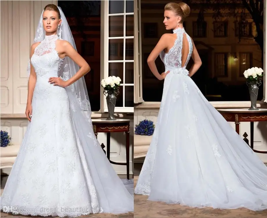 

casamento bridal gown vestido de noiva 2014 new fashionable romantic sexy backless highneck long wedding Dress free shipping