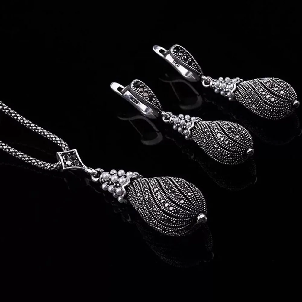 Ретро серый черный Винтажные Ювелирные наборы для женщин Peral подвеска в виде капли воды форма ожерелье/серьги женский свадебный комплект ювелирных изделий
