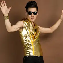 Прилив мужские костюмы для ночного клуба мужские певцов DJ в стиле панк-рок жилет с заклепками золотого цвета жилет пальто сценические костюмы! S-XL