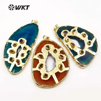 

WKT WT-P1380 Vintage Design Bizarre Shape Wild Coast Jewelry Sliced Stone With Gold Dipped Pendant For Women Jewelry Making